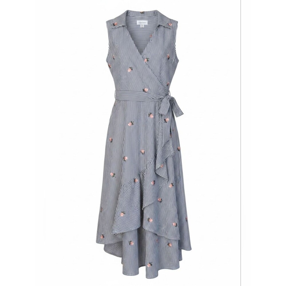 CK Pinstripe Floral Embroidered Asymmetrical Wrap Dress Pockets size 8 office